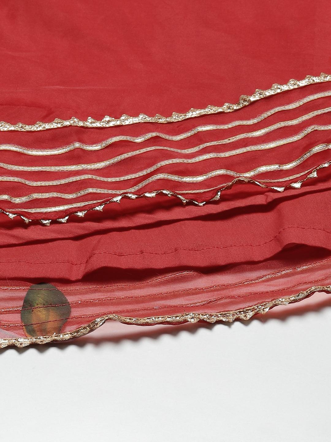 Dutika Red Hand Painted Organza Flared Lehenga Choli Set With Organza Dupatta